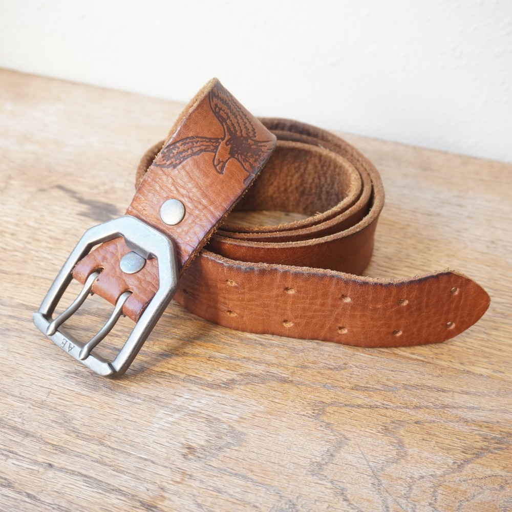American Eagle Mens 48 Brown Leather Belt Double Prong Eagle Embossed Rugged